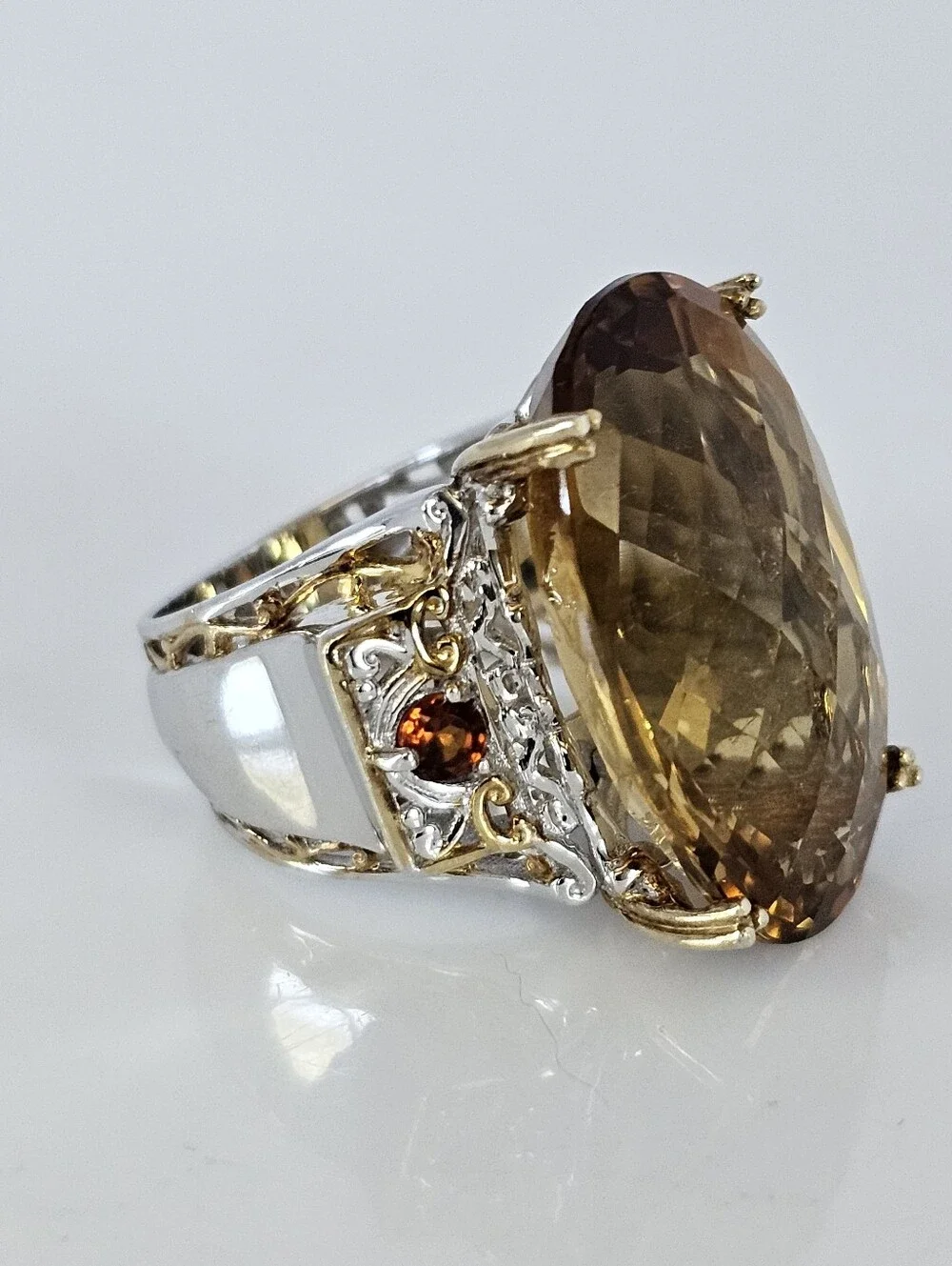 Genuine Huge Oval Citrine & Red Garnet Ring Palladium Sterling Silver 18K Sz 5!